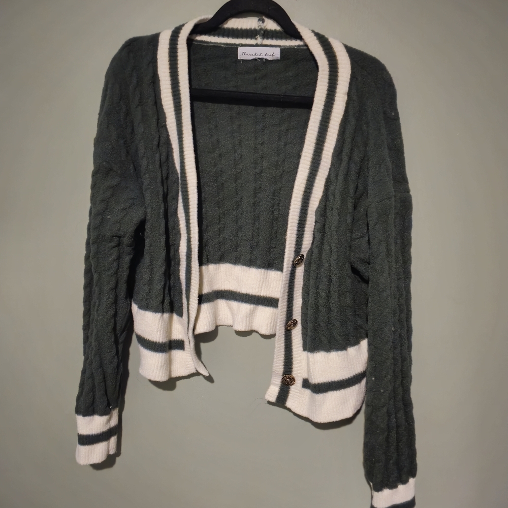 Threaded Leaf Green Cropped Cardigan Soft Size Xl